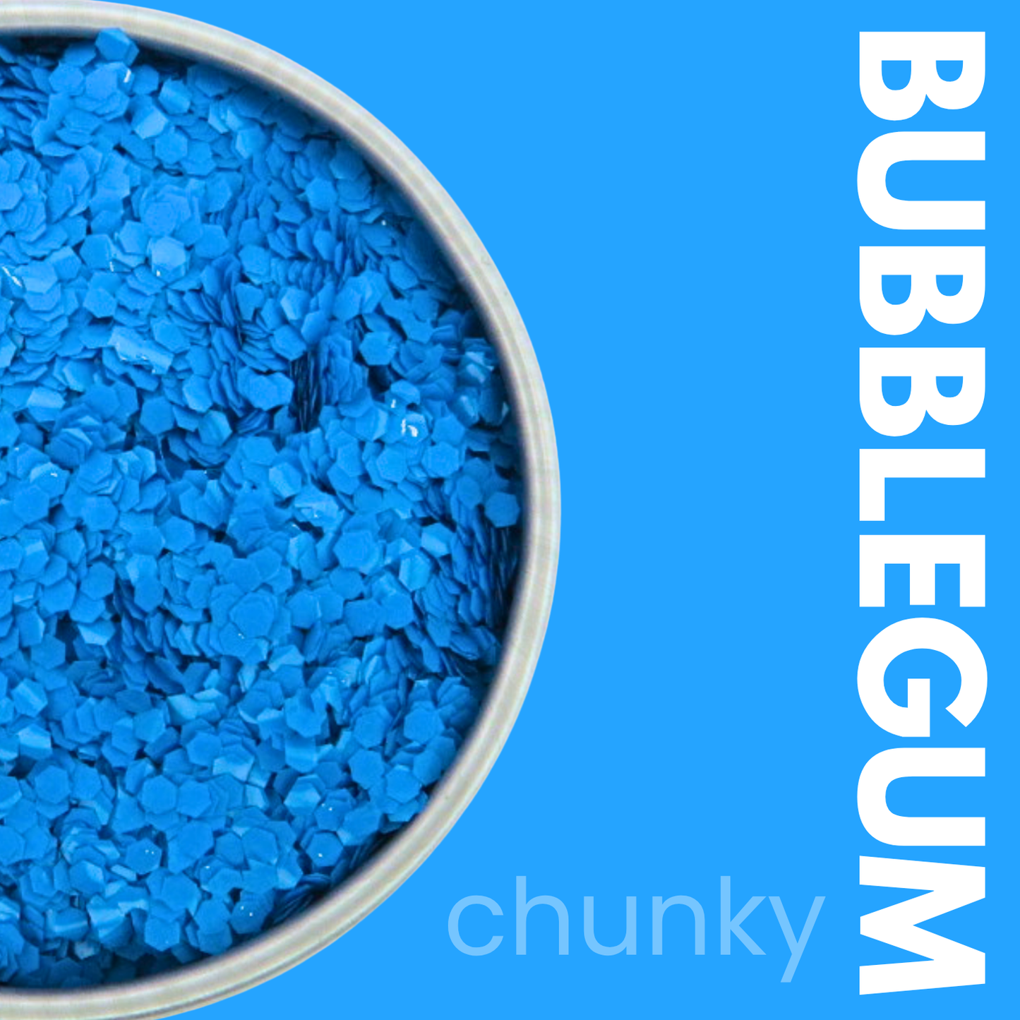 Blue chunky glitter in a container with 'BUBBLEGUM' and 'chunky' text on a blue background