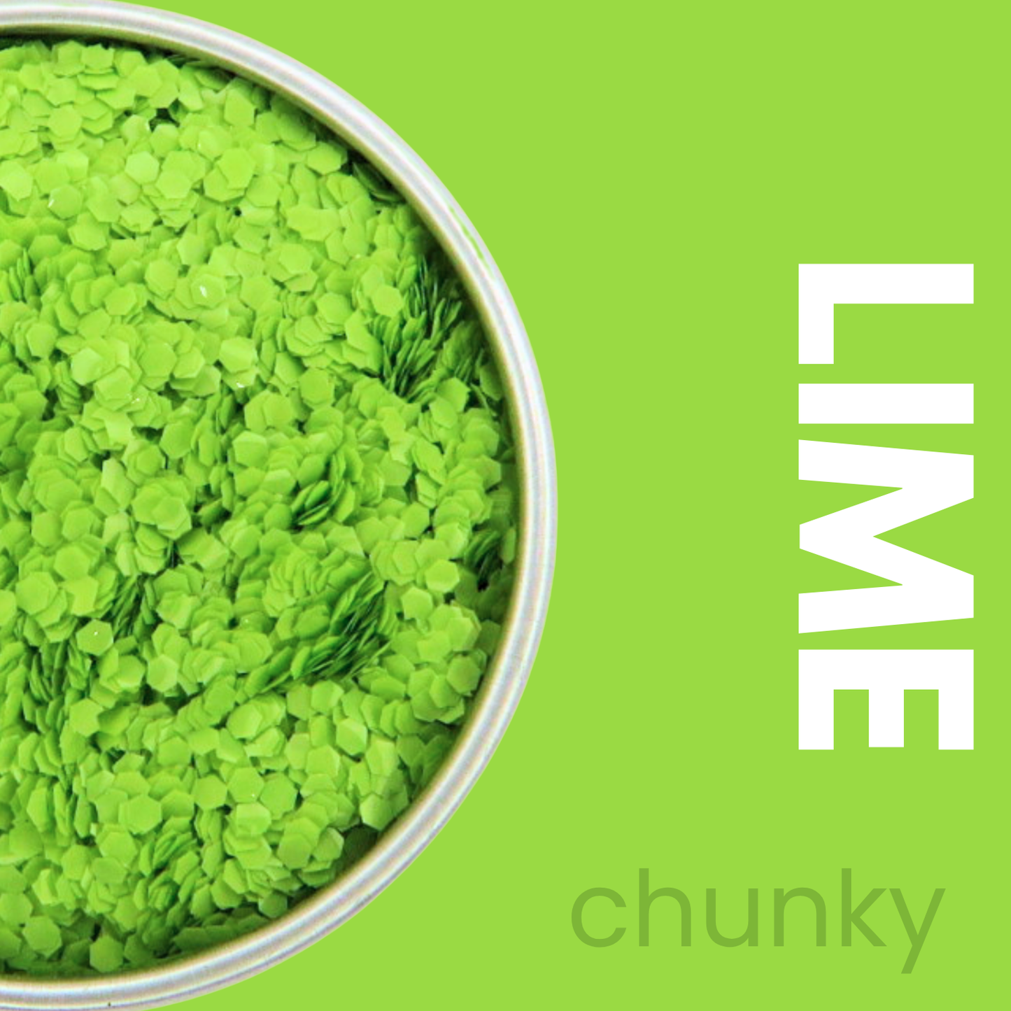 Lime green chunky glitter in a container with 'LIME chunky' text on a green background