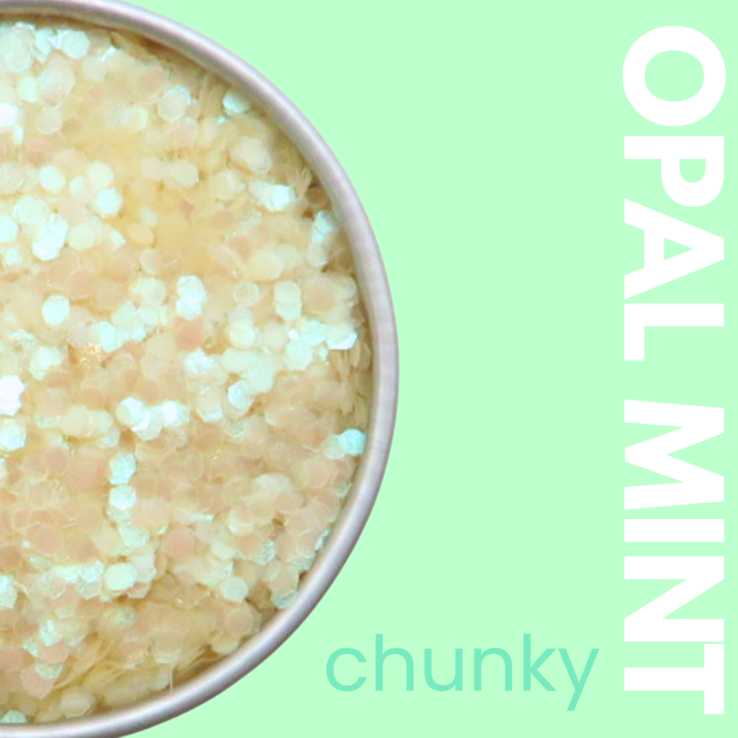 Opal mint chunky glitter in a container with a light green background