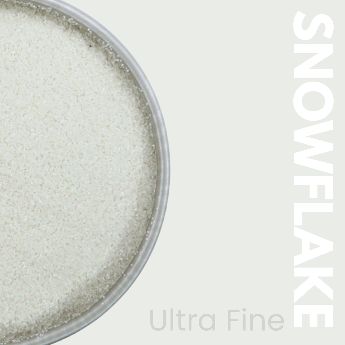 Ultra fine snowflake powder in a container with 'SNOWFLAKE' text on a light gray background