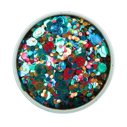 Colorful glitter in a round container on a white background