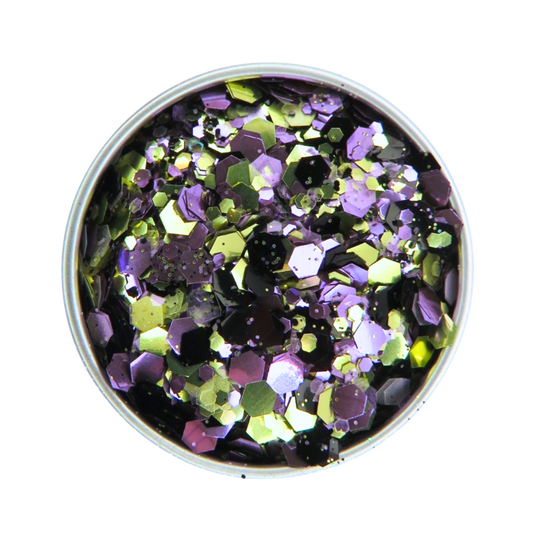 Round container of multicolored glitter on a white background