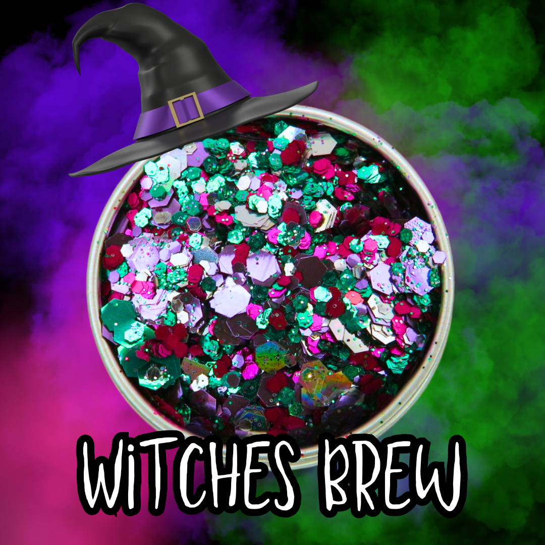 A bowl filled with multicolored Halloween glitter and a black witch hat graphic, with the text 'WITCHES BREW' on a purple and green smoky background.