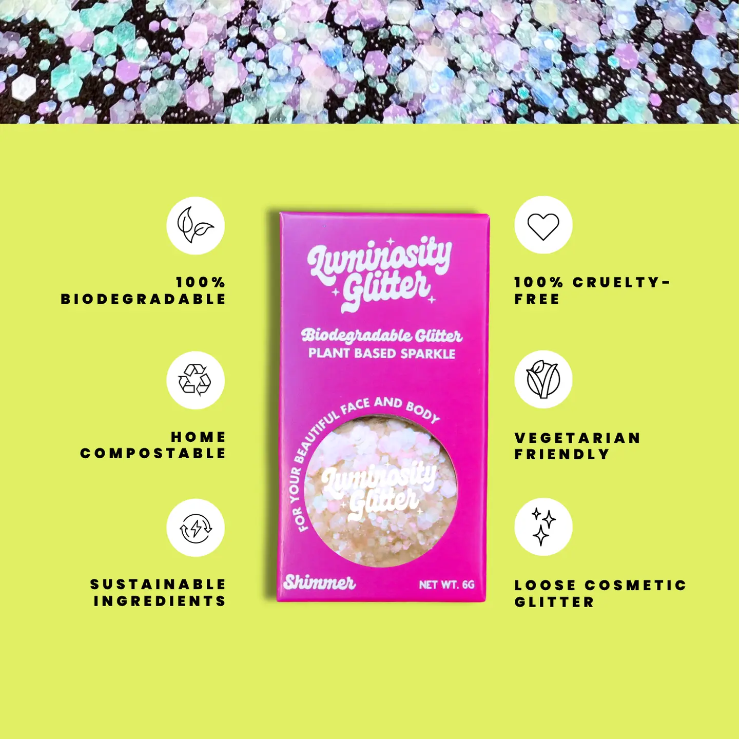 Luminosity Glitter packaging with sustainability features on a green background