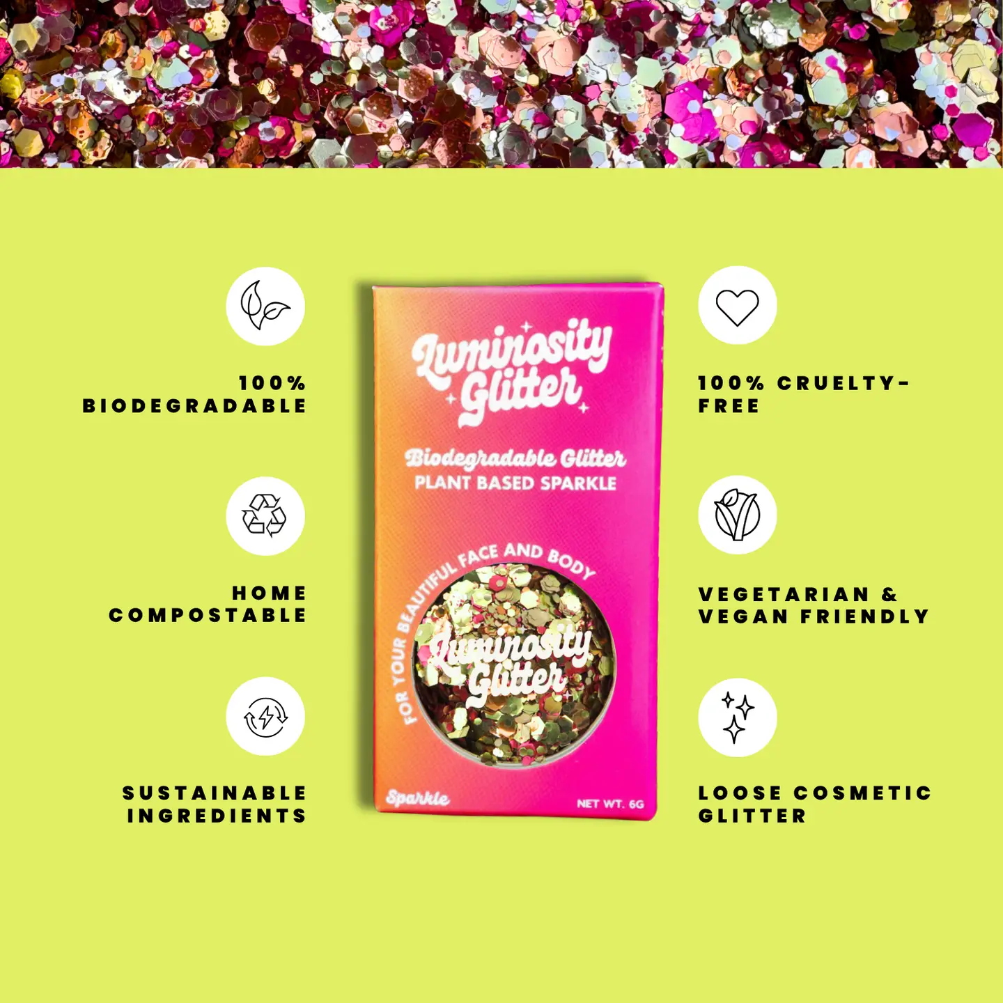 Luminosity Glitter packaging with sustainability features on a green background