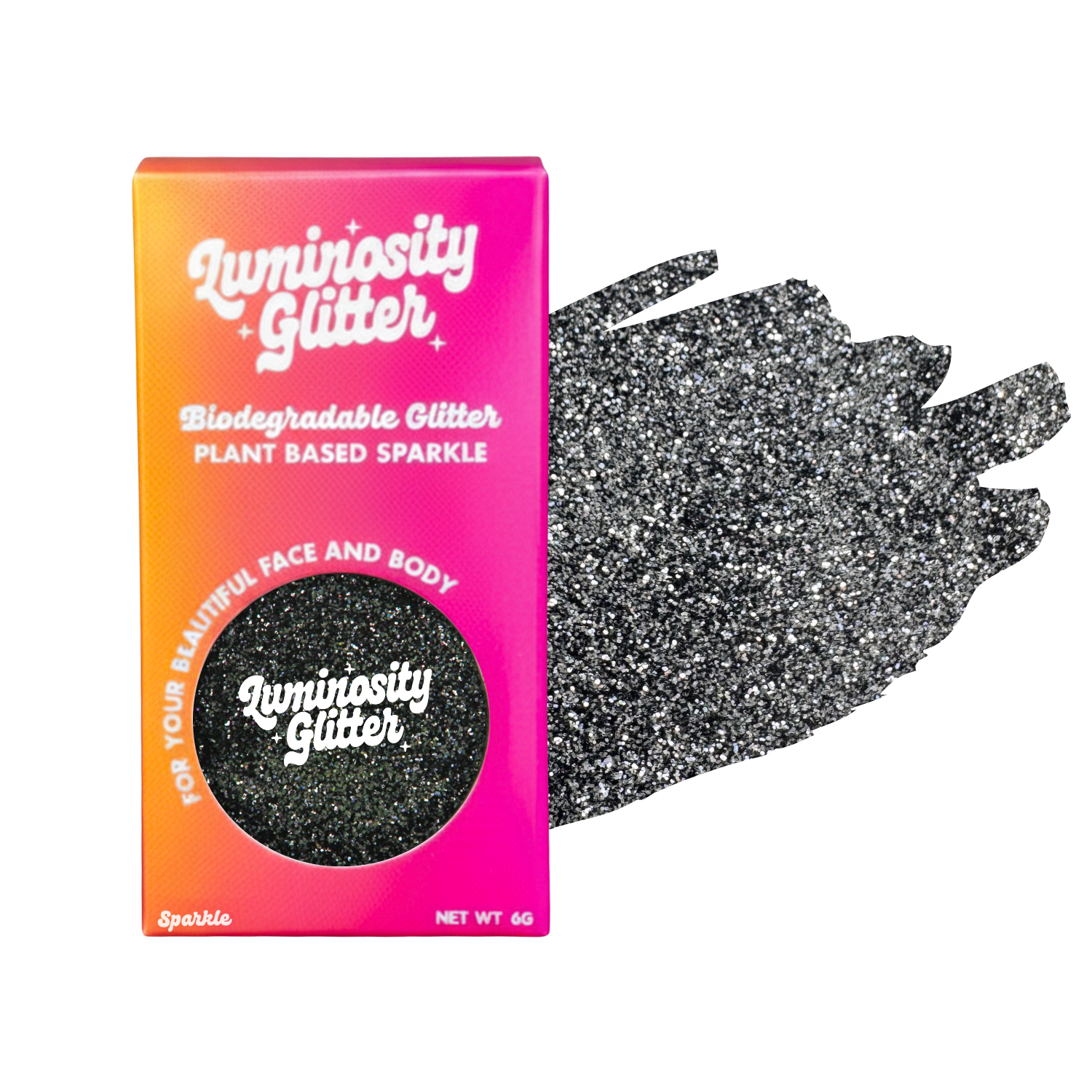 Luminosity Glitter packaging with a black glittery glove on a white background