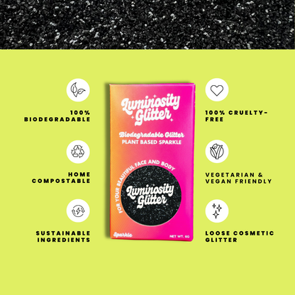 Luminosity Glitter packaging with sustainability features on a green background