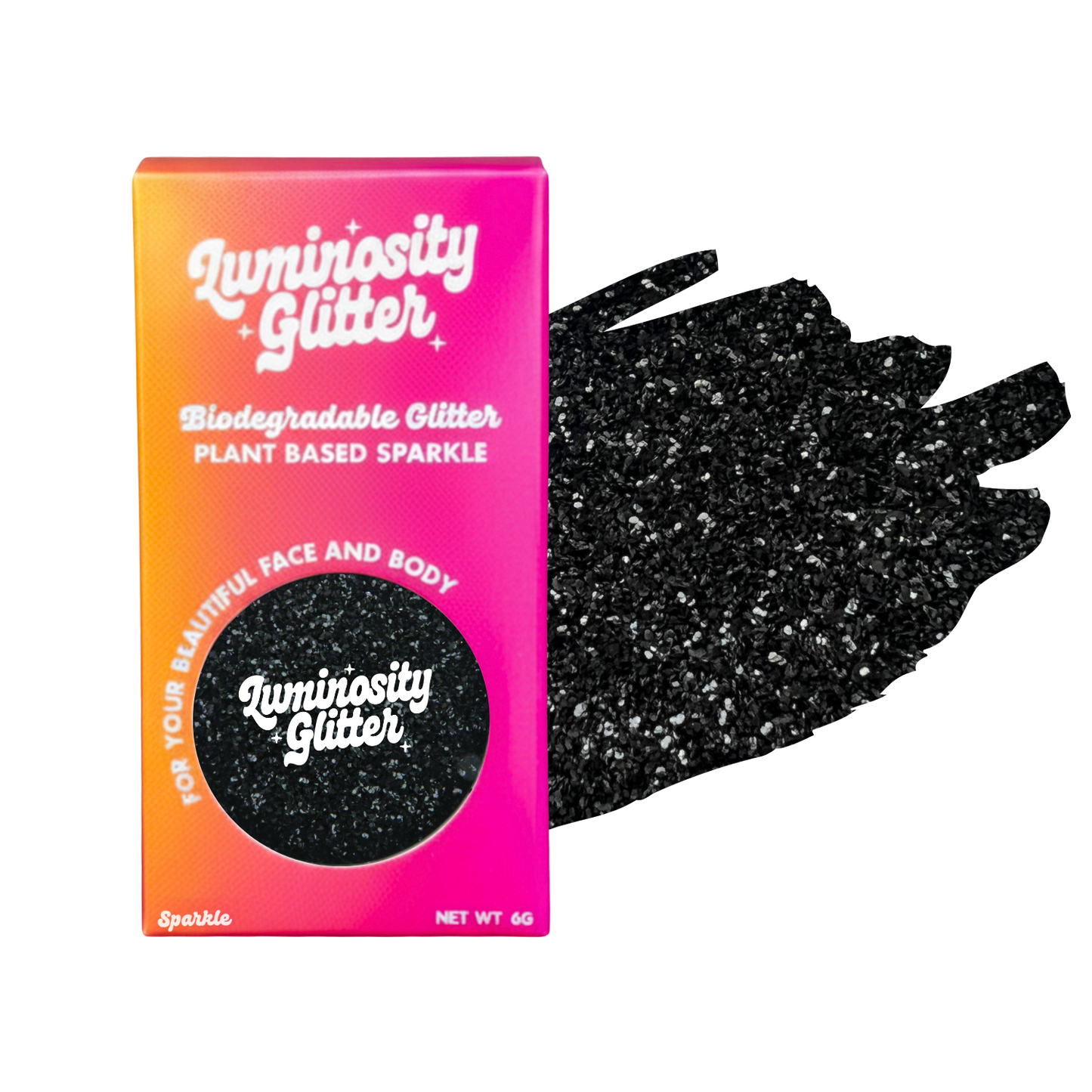 Luminosity Glitter packaging with black glittery gloves on a white background