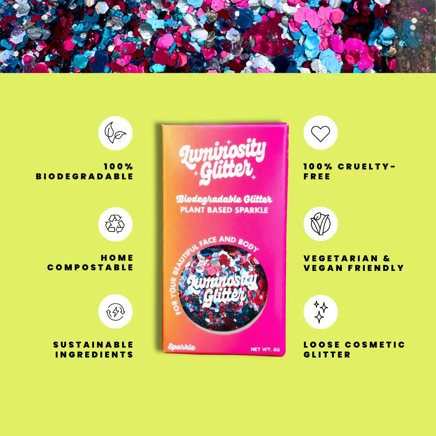 Luminosity Glitter packaging with sustainability features on a green background