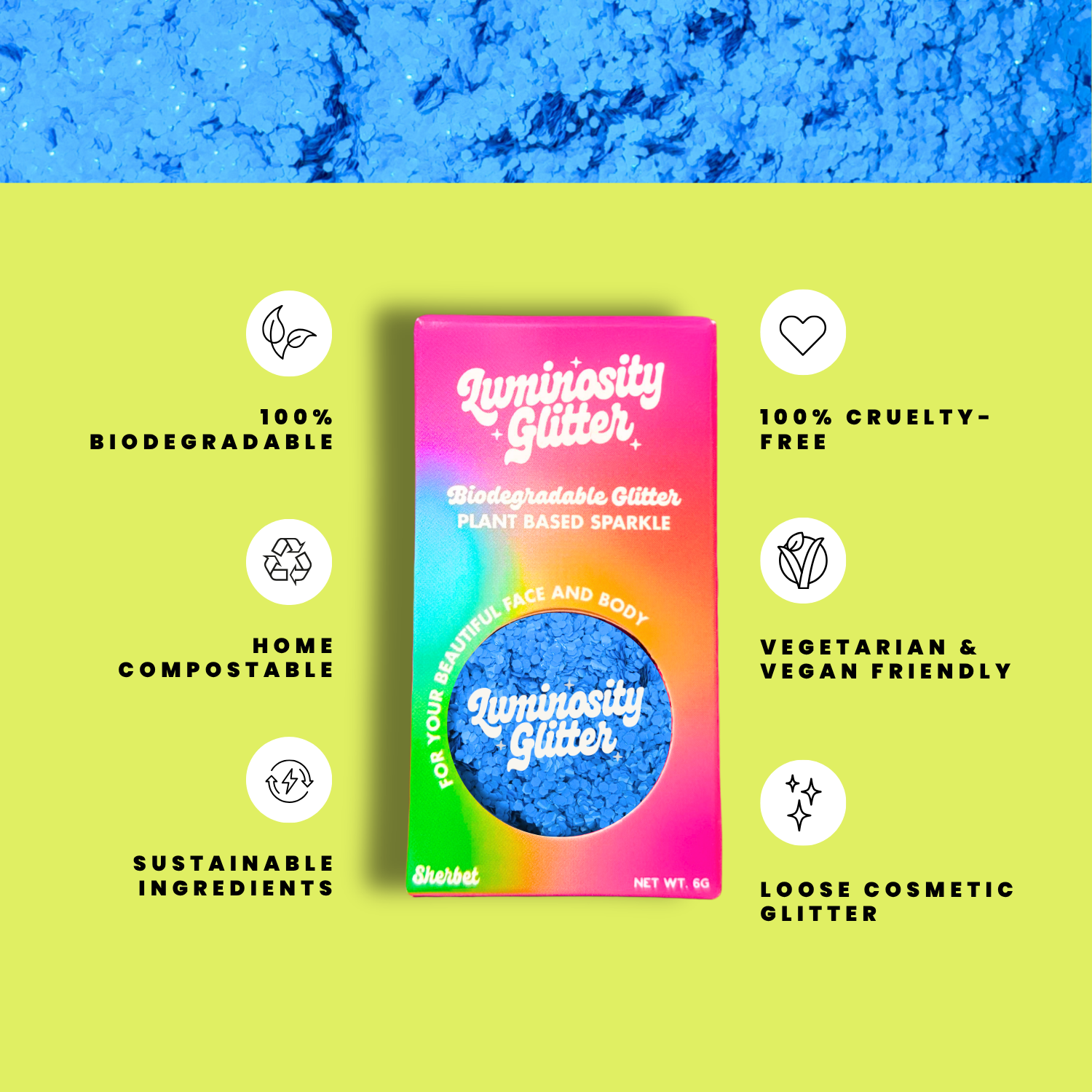 Luminosity Glitter packaging with sustainability features on a green and blue gradient background