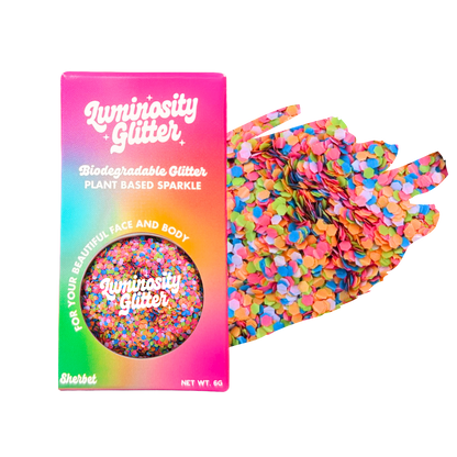 Luminosity Glitter packaging with colorful glitter on a white background