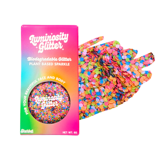 Luminosity Glitter packaging with colorful glitter on a white background