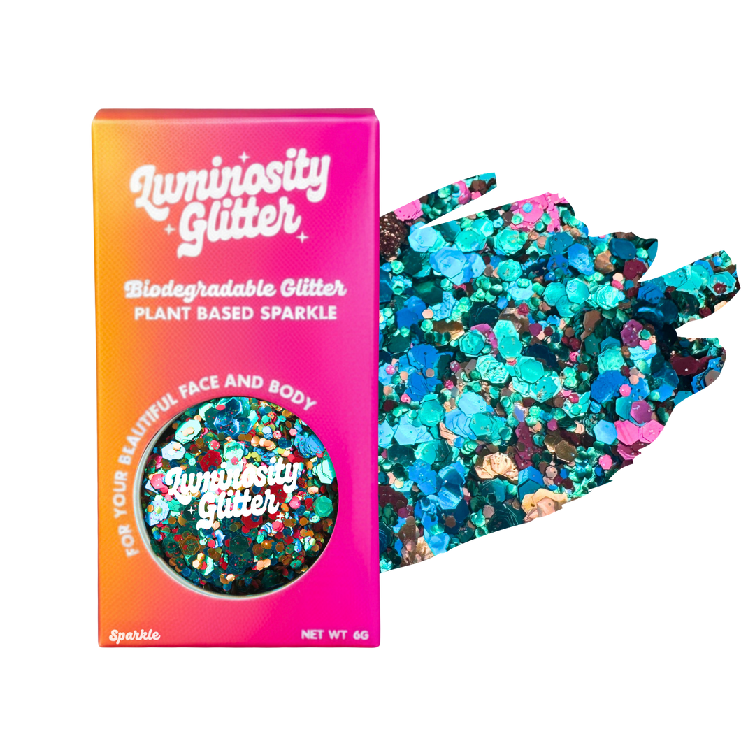 Chameleon Festival Glitter Mix in a Luminosity Glitter pot and packaging box