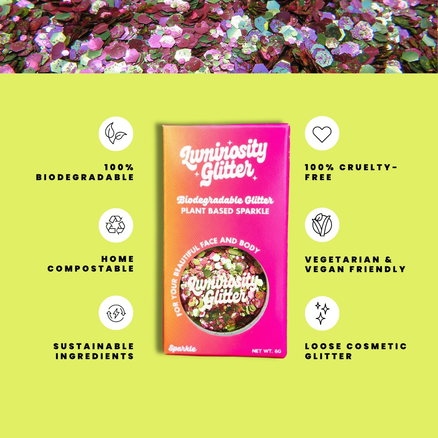 Luminosity Glitter packaging with sustainability features on a green background