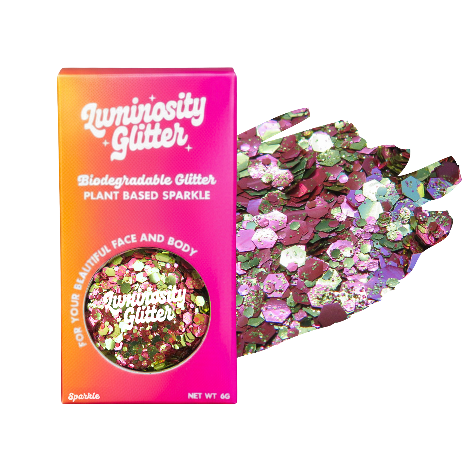 Pink and gold glitter in a bright Luminosity Glitter packaging box