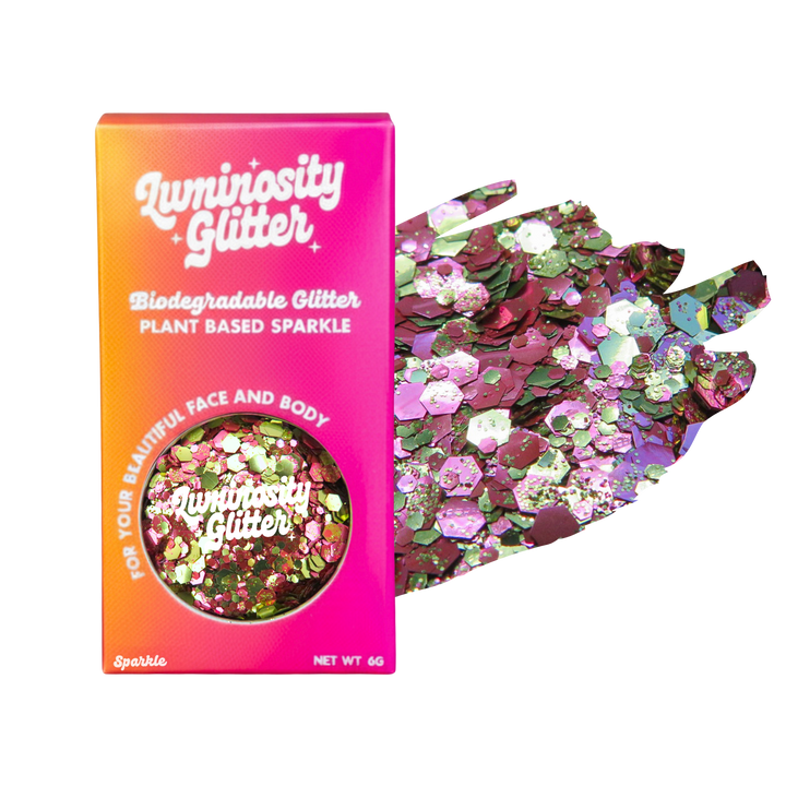 Pink and gold glitter in a bright Luminosity Glitter packaging box