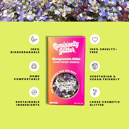 Luminiosity Glitter packaging with sustainability features on a green background