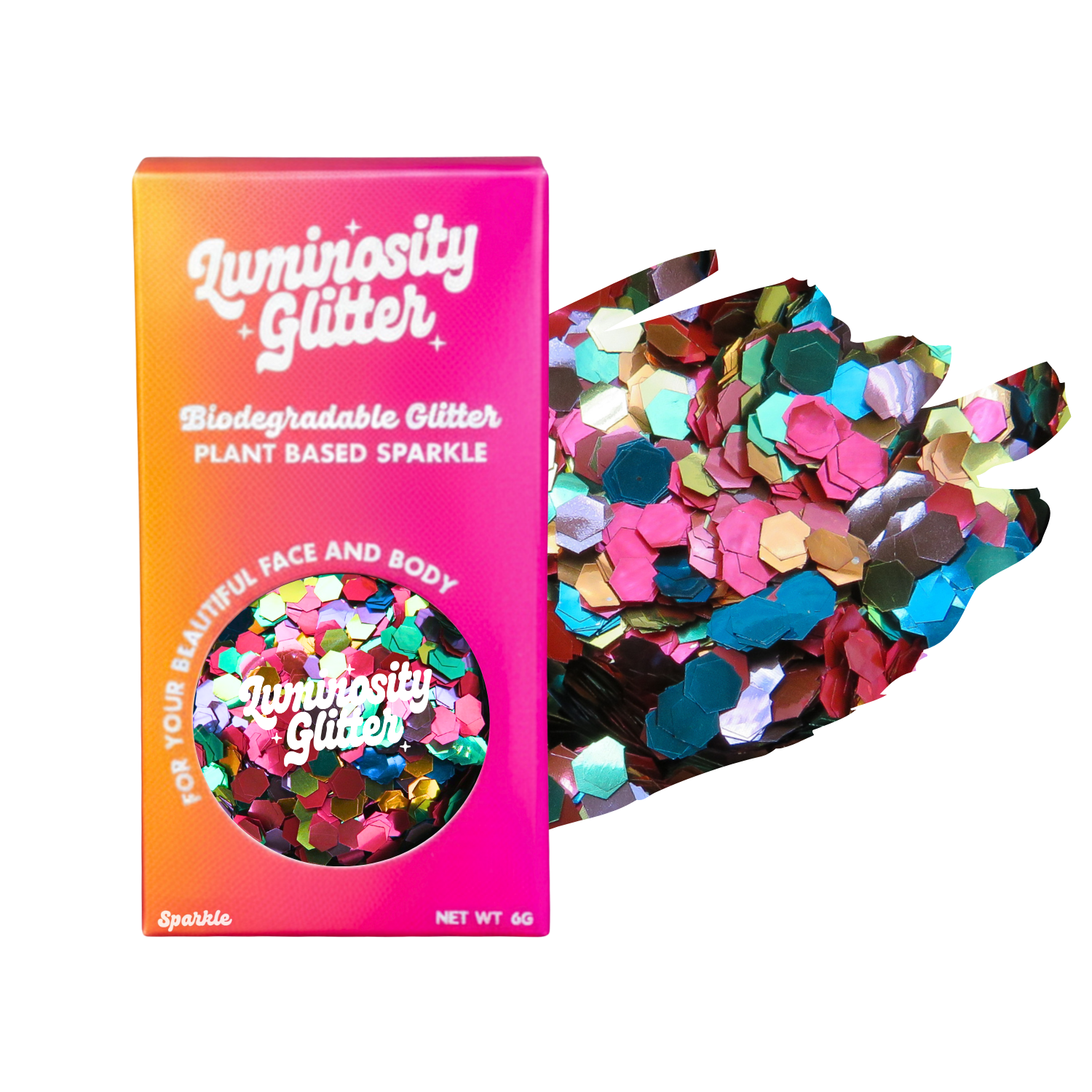 Luminosity Glitter packaging with biodegradable and plant-based sparkle, next to a handful of colorful glitter.