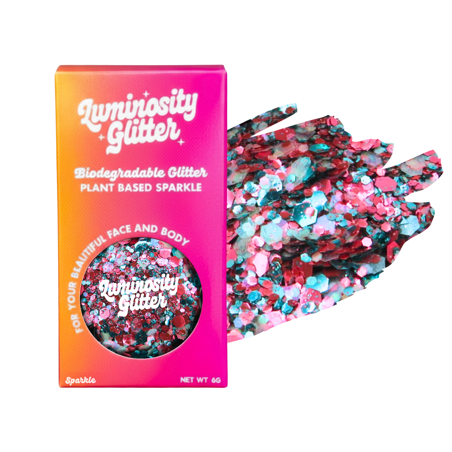 Luminosity Glitter packaging with biodegradable glitter on a white background