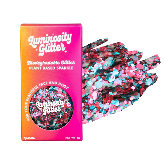 Luminosity Glitter packaging with biodegradable glitter on a white background
