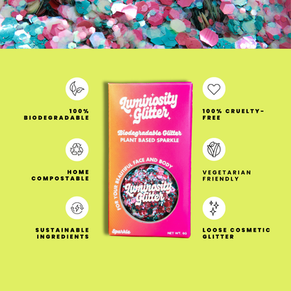 Luminiosity Glitter packaging with sustainability features on a green background