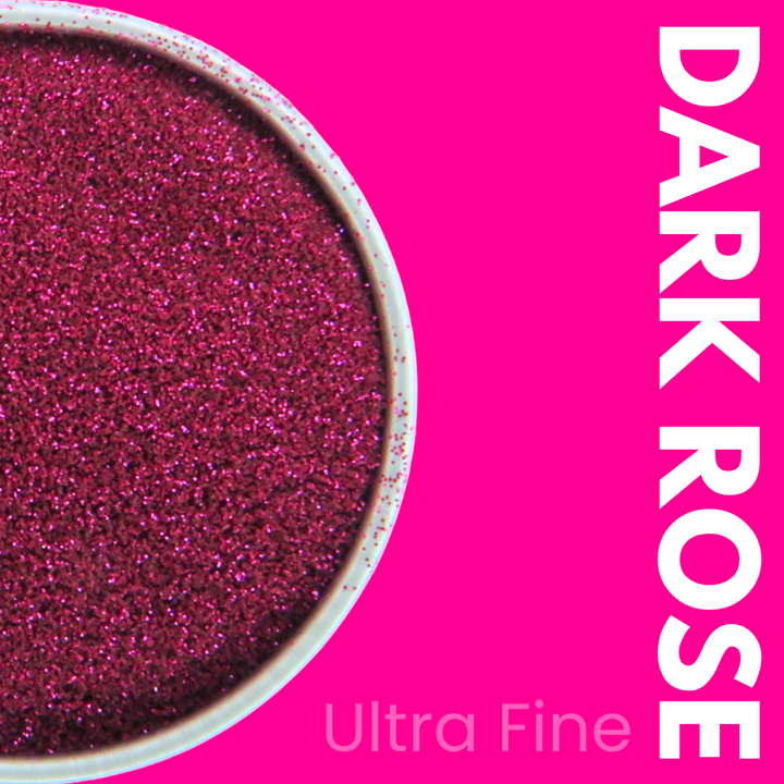 Dark rose ultra fine glitter in a container on a pink background with &
