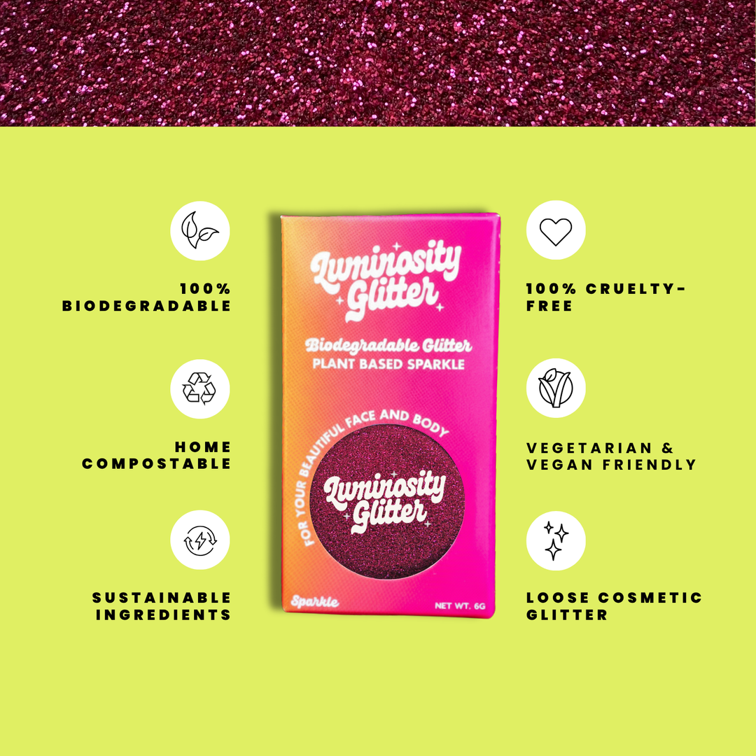Dark Rose Ultra Fine Glitter Makeup features infographic: biodegradable cosmetic glitter by Luminosity Glitter