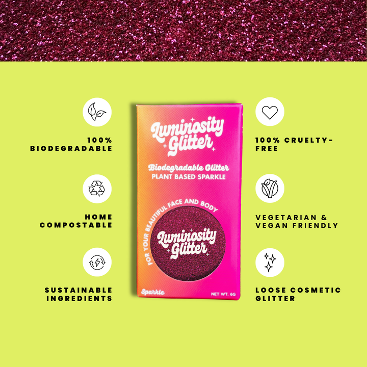Dark Rose Ultra Fine Glitter Makeup features infographic: biodegradable cosmetic glitter by Luminosity Glitter