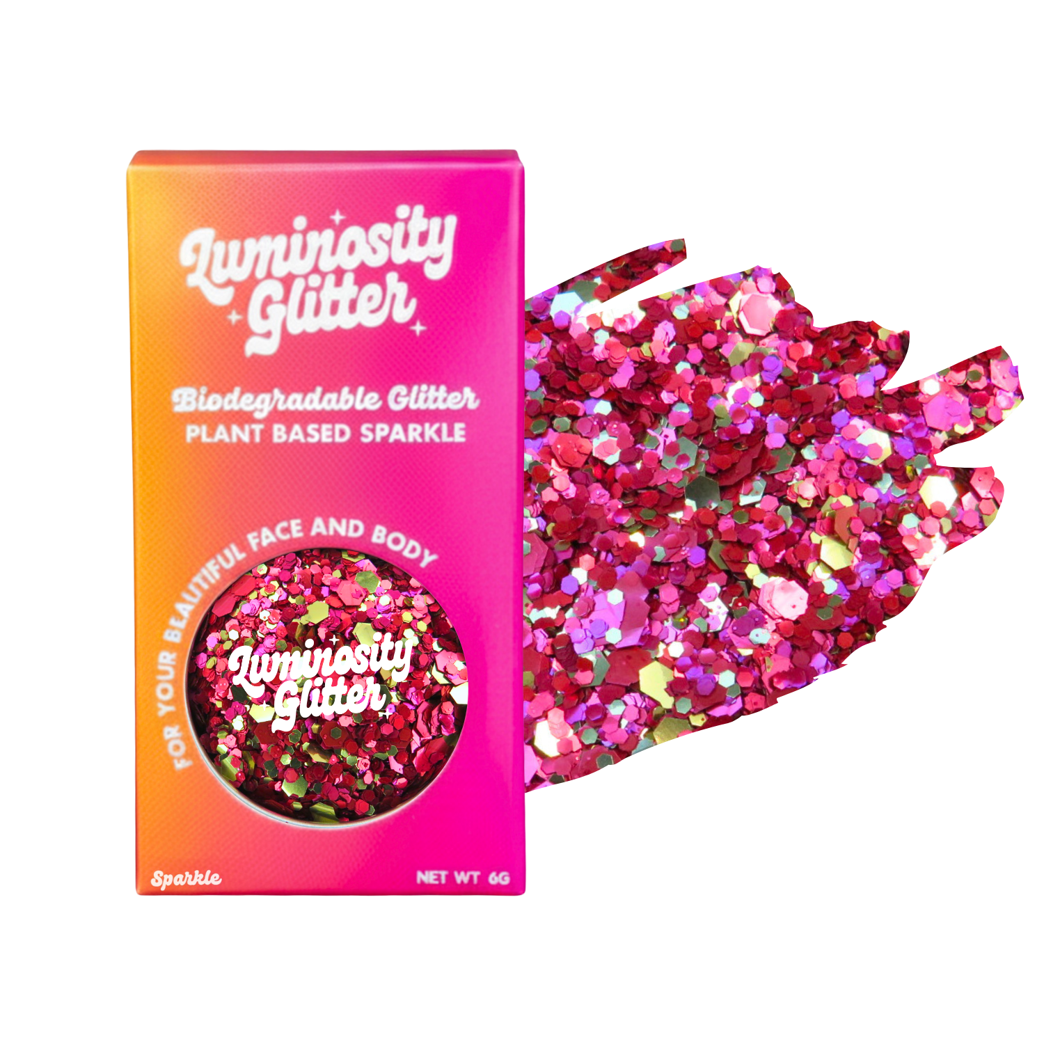 Luminosity Glitter packaging with biodegradable and plant-based glitter on a white background