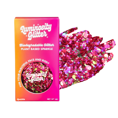 Luminosity Glitter packaging with biodegradable and plant-based glitter on a white background