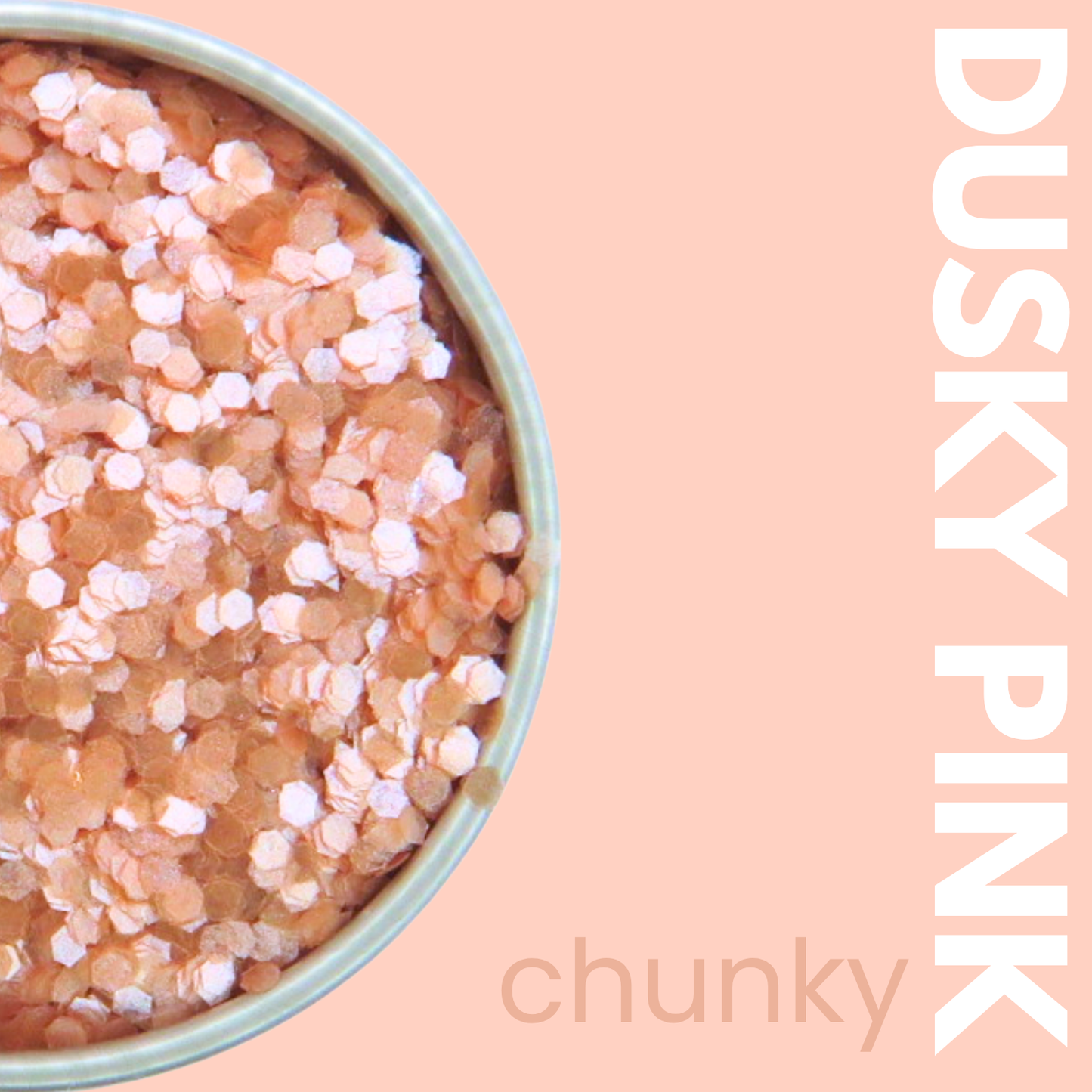 Bowl of pink bath salts with 'Dusky Pink' text on a peach background