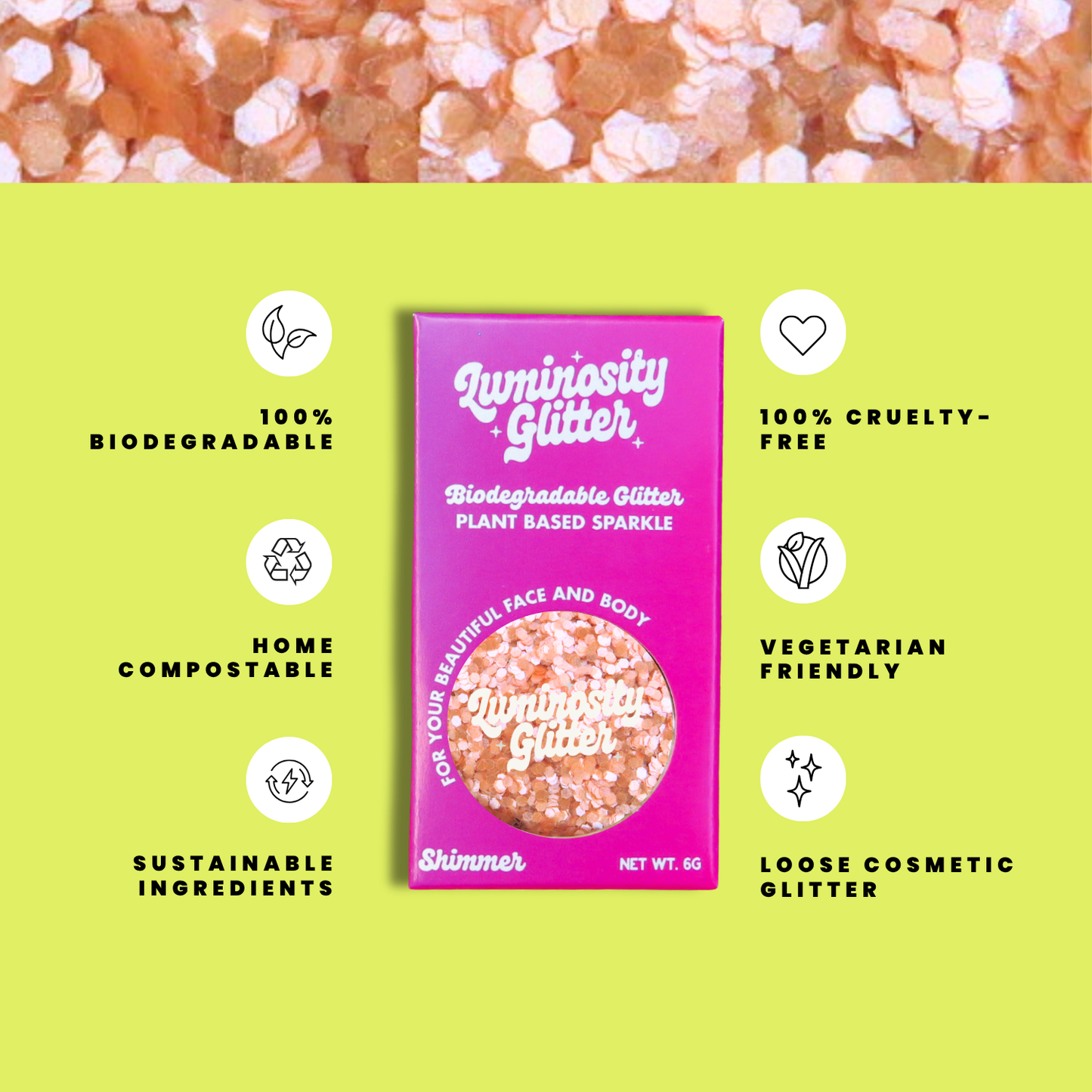 Luminosity Glitter packaging with sustainability features on a green background