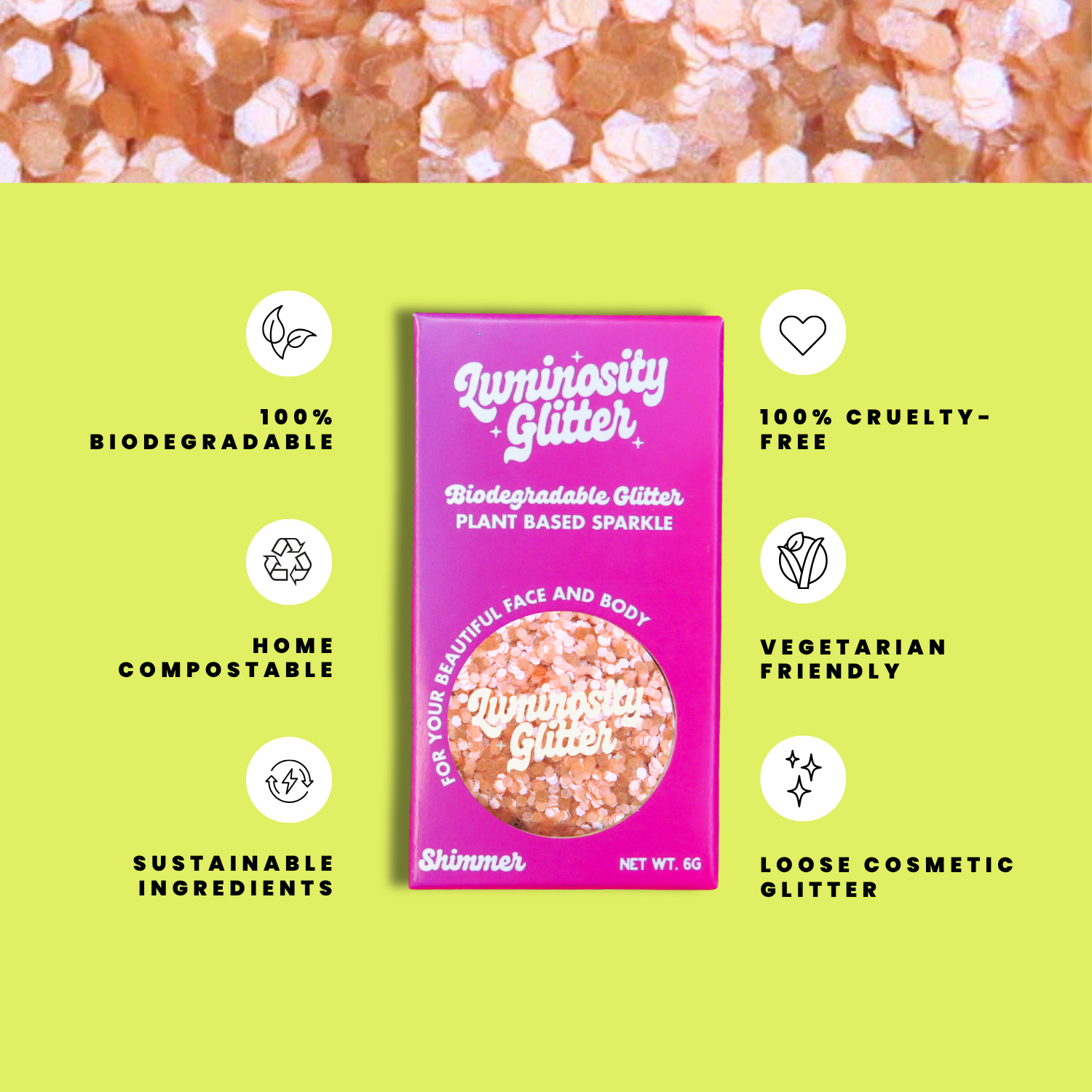 Luminosity Glitter packaging with sustainability features on a green background