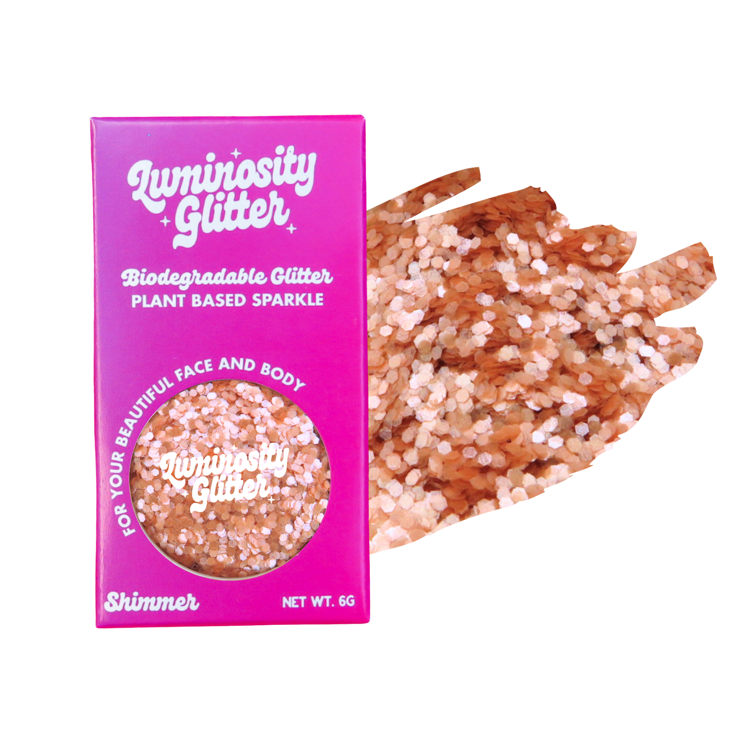 Biodegradable glitter packaging with plant-based sparkle on a white background