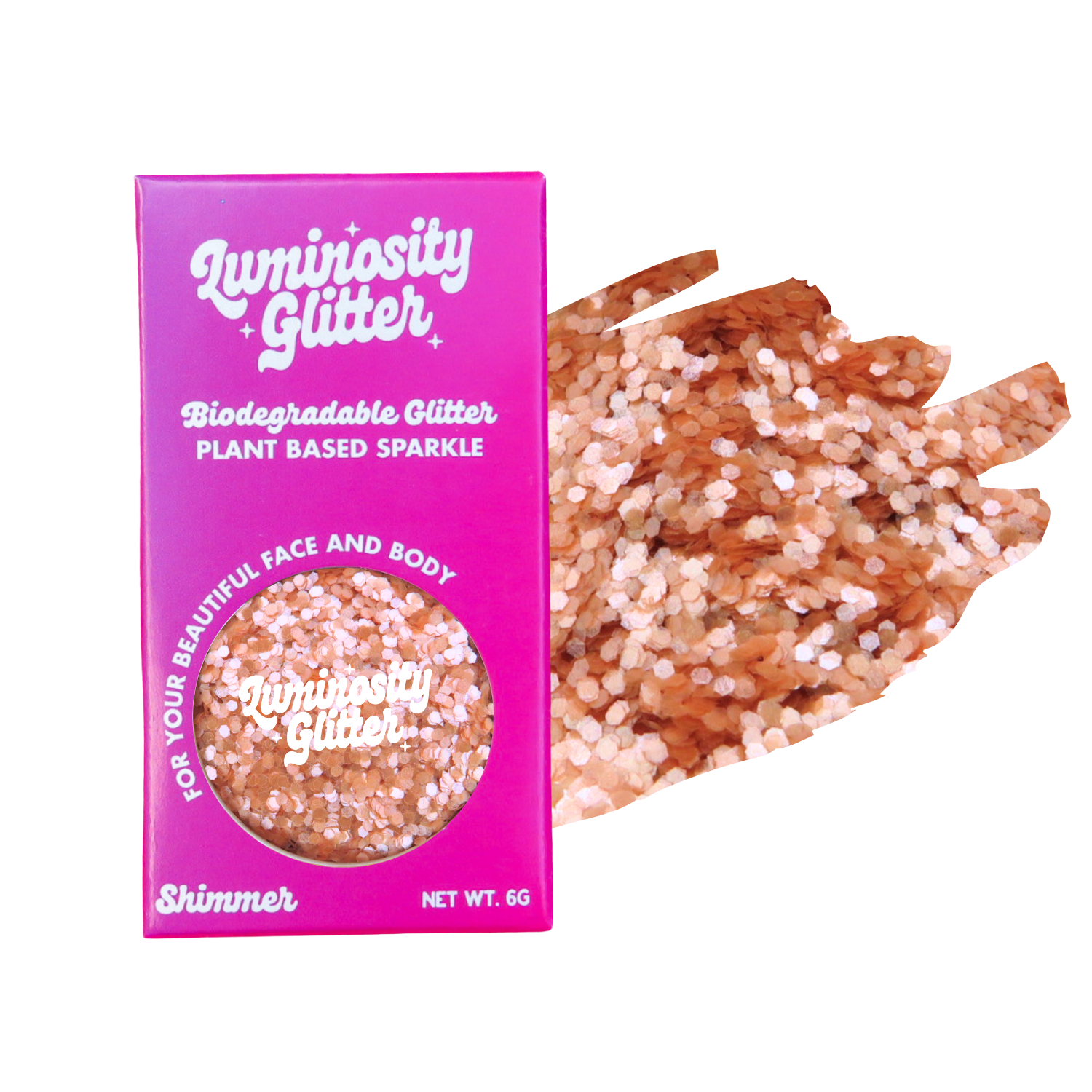 Biodegradable glitter packaging with plant-based sparkle on a white background