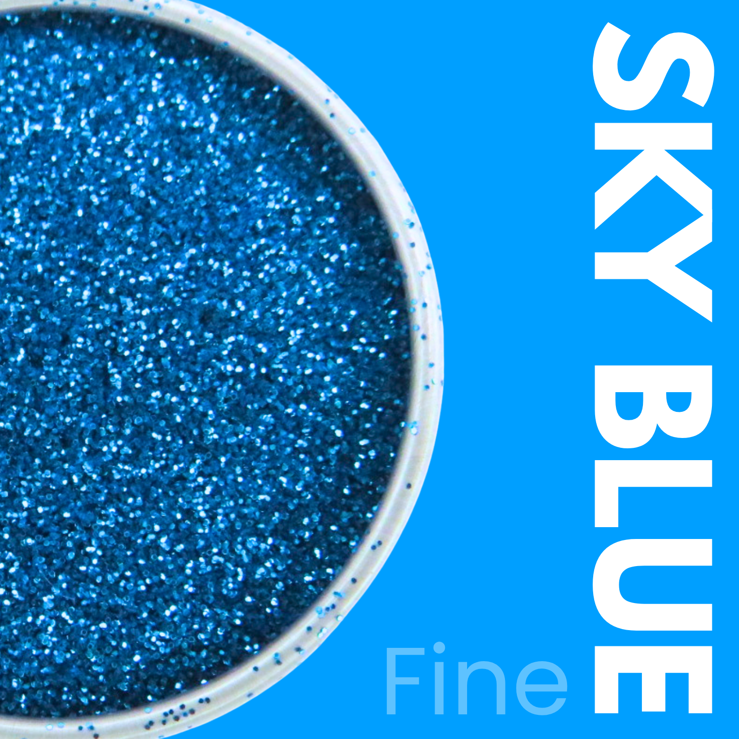 Blue glitter in a container with 'SKY BLUE Fine' text on a blue background
