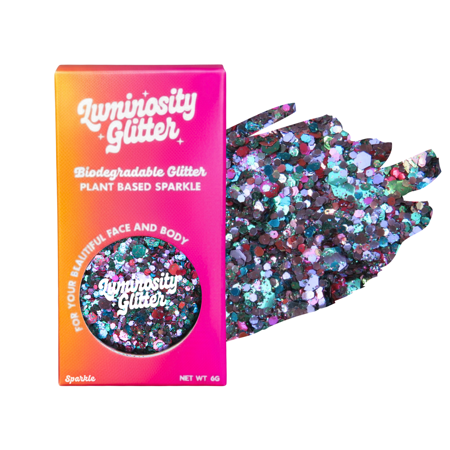 Luminosity Glitter packaging with a sample of glitter on a white background