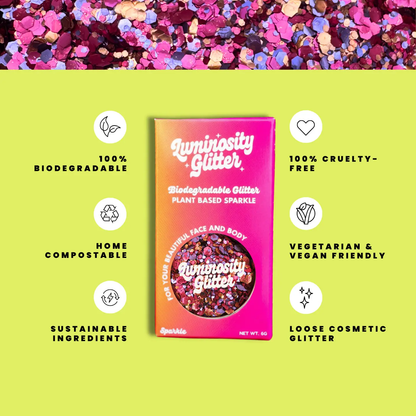 Luminiosity Glitter packaging with sustainability features on a green background