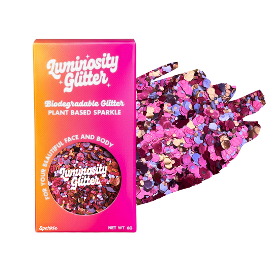 Luminosity Glitter packaging with biodegradable and plant-based glitter on a white background