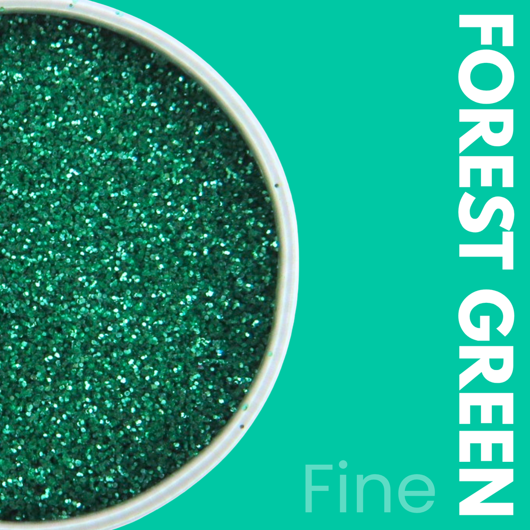 Close-up of forest green glitter in a container with &