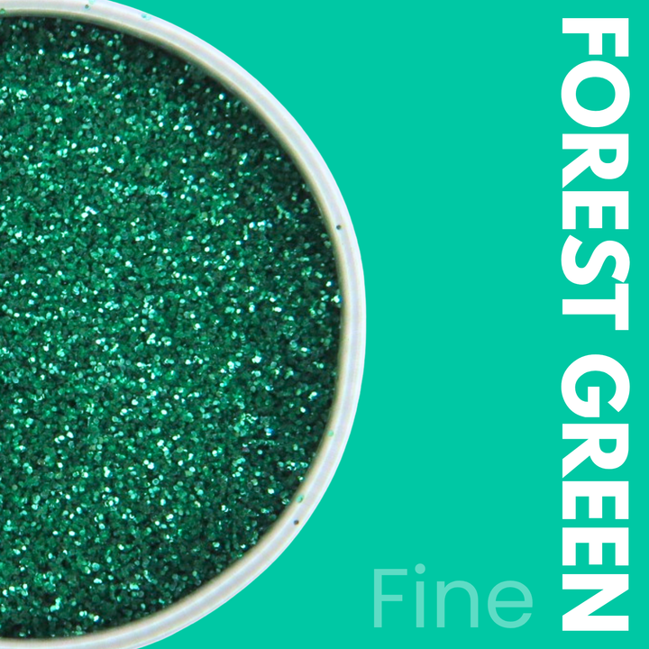 Close-up of forest green glitter in a container with &