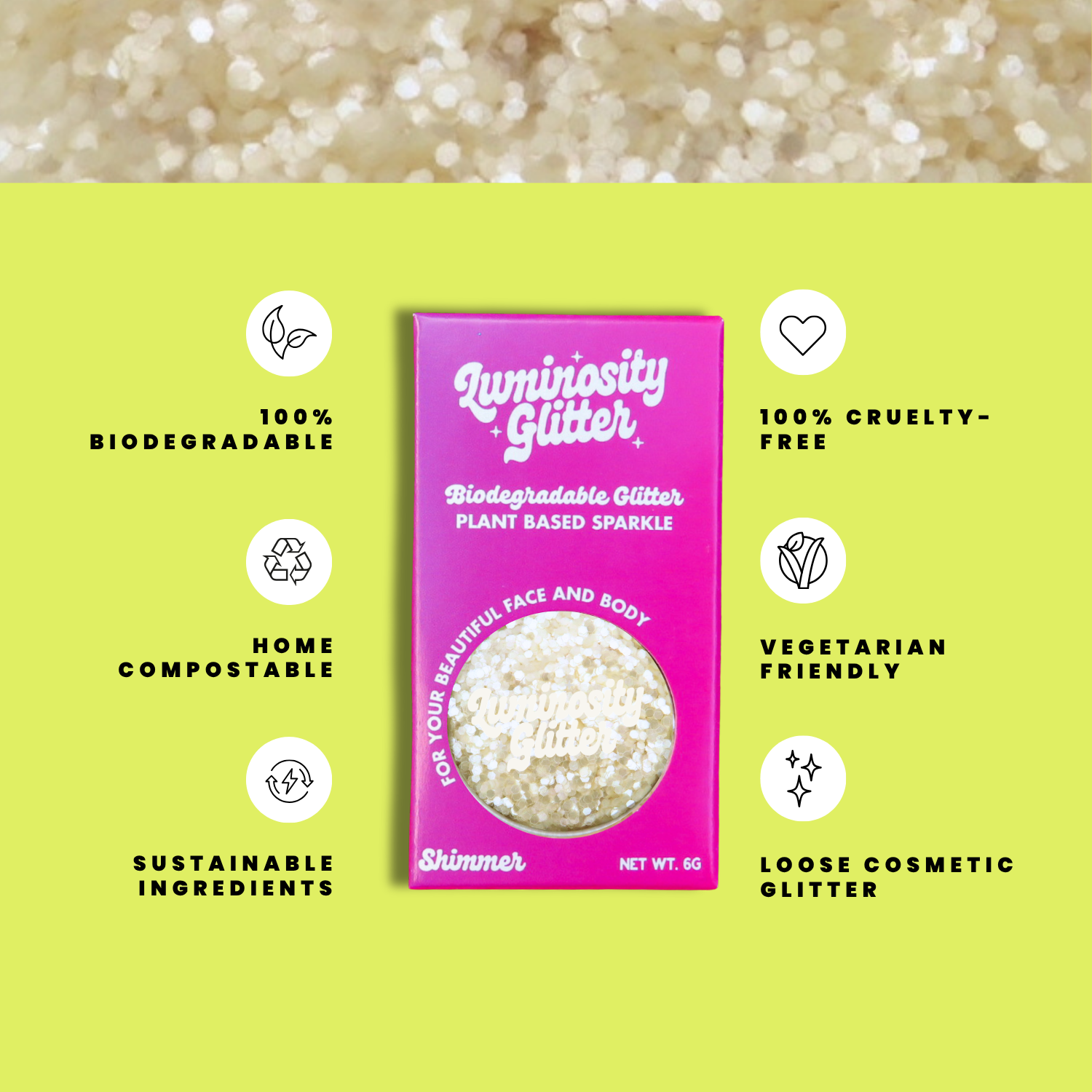 Luminosity Glitter packaging with sustainability features on a green background
