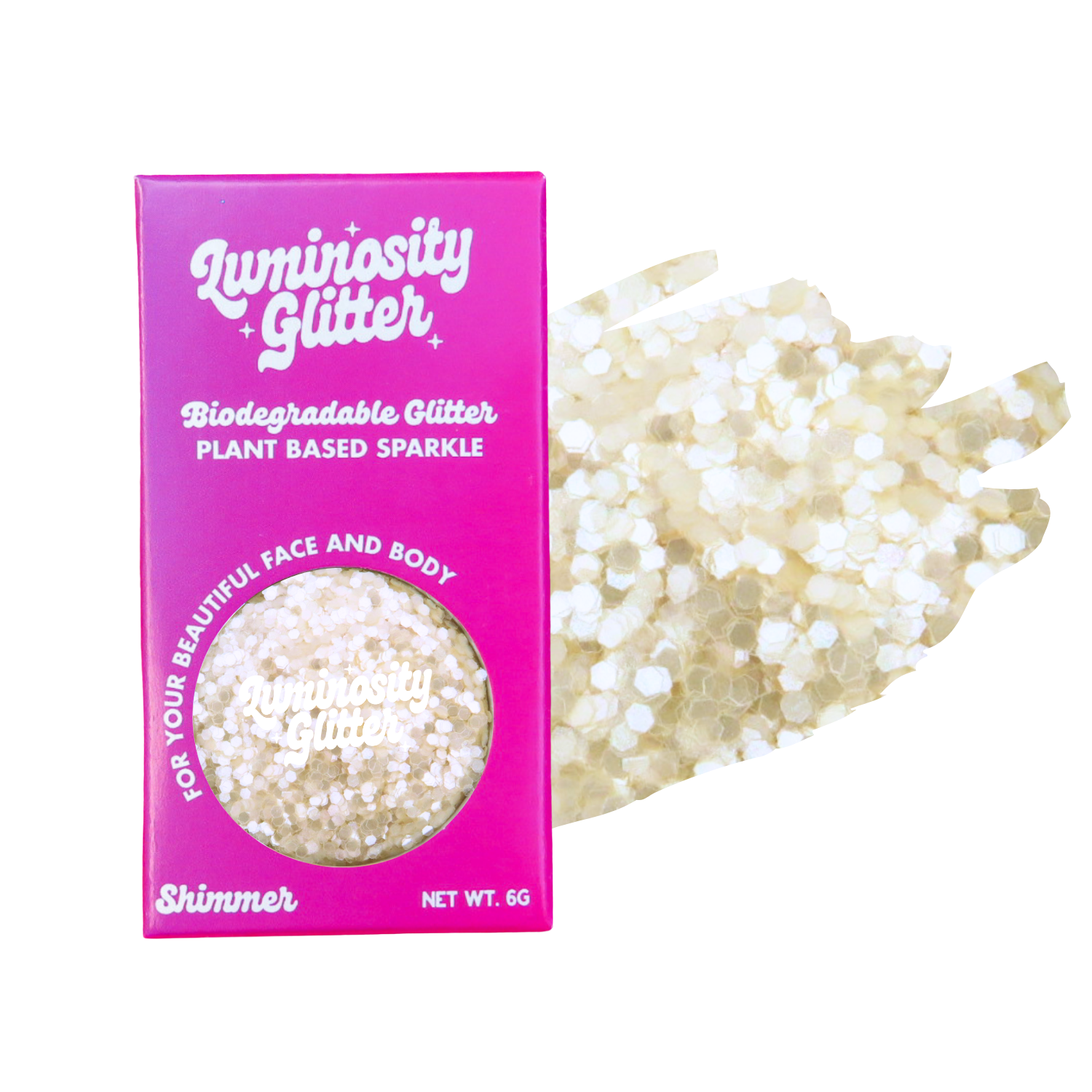 Biodegradable glitter packaging with glitter on a white background