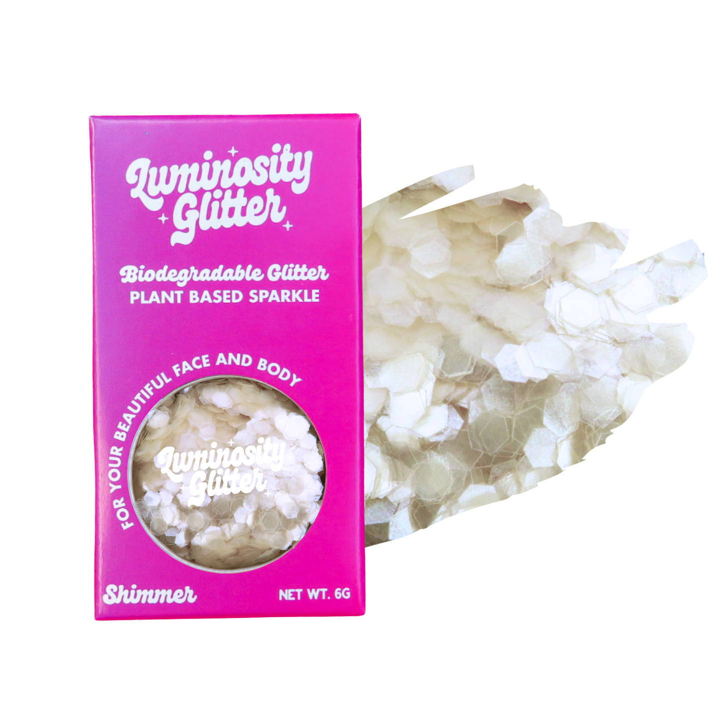 Luminosity Glitter packaging with biodegradable glitter on a white background