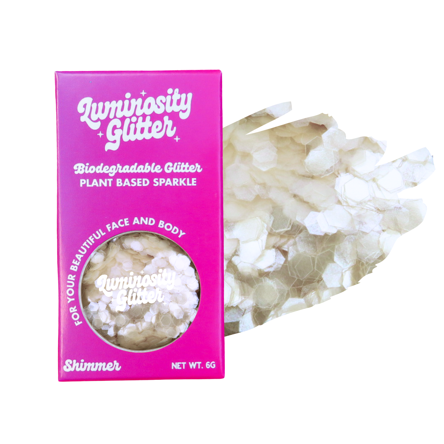 Luminosity Glitter packaging with biodegradable glitter on a white background
