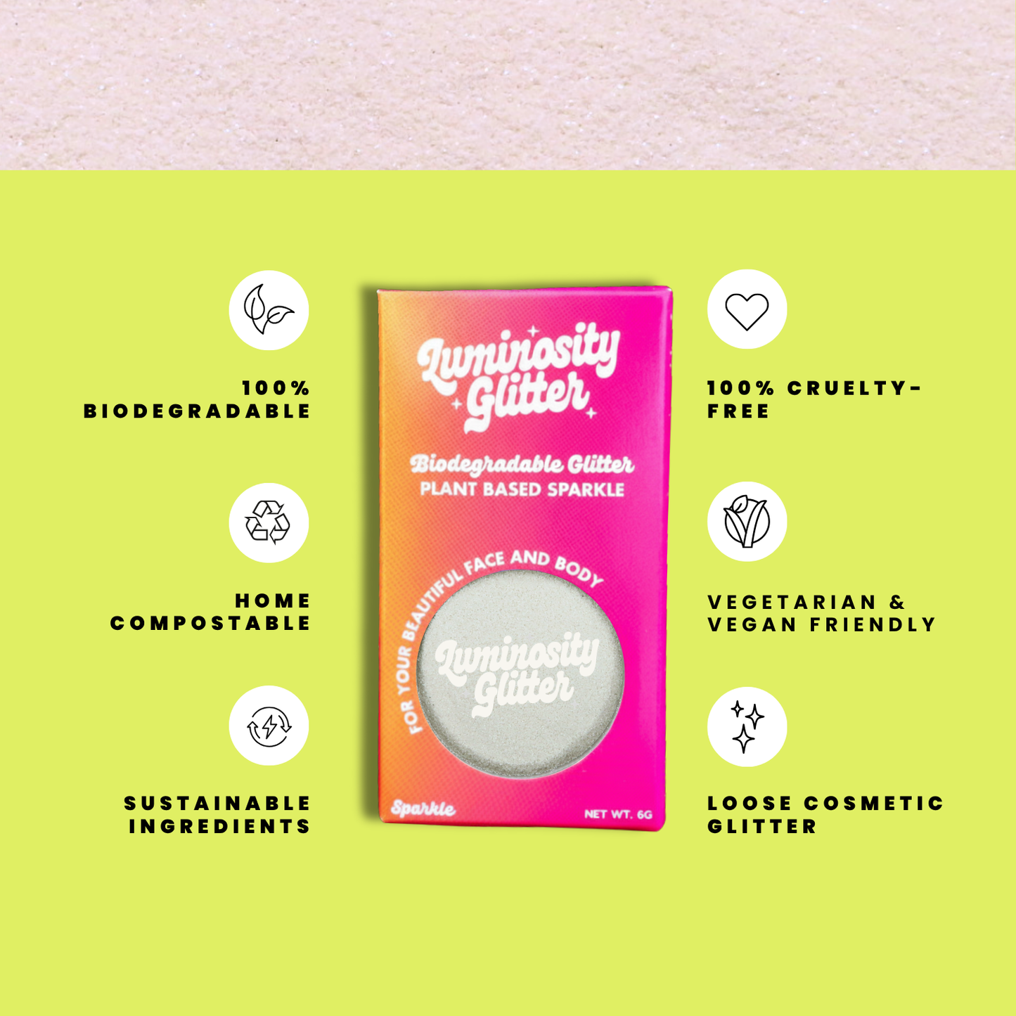 Luminosity Glitter packaging with sustainability features on a green background