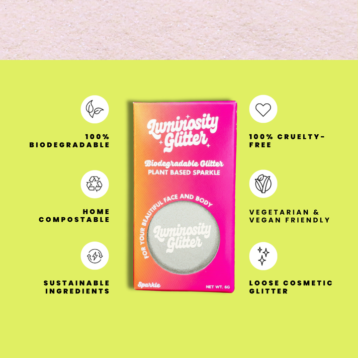 Luminosity Glitter packaging with sustainability features on a green background
