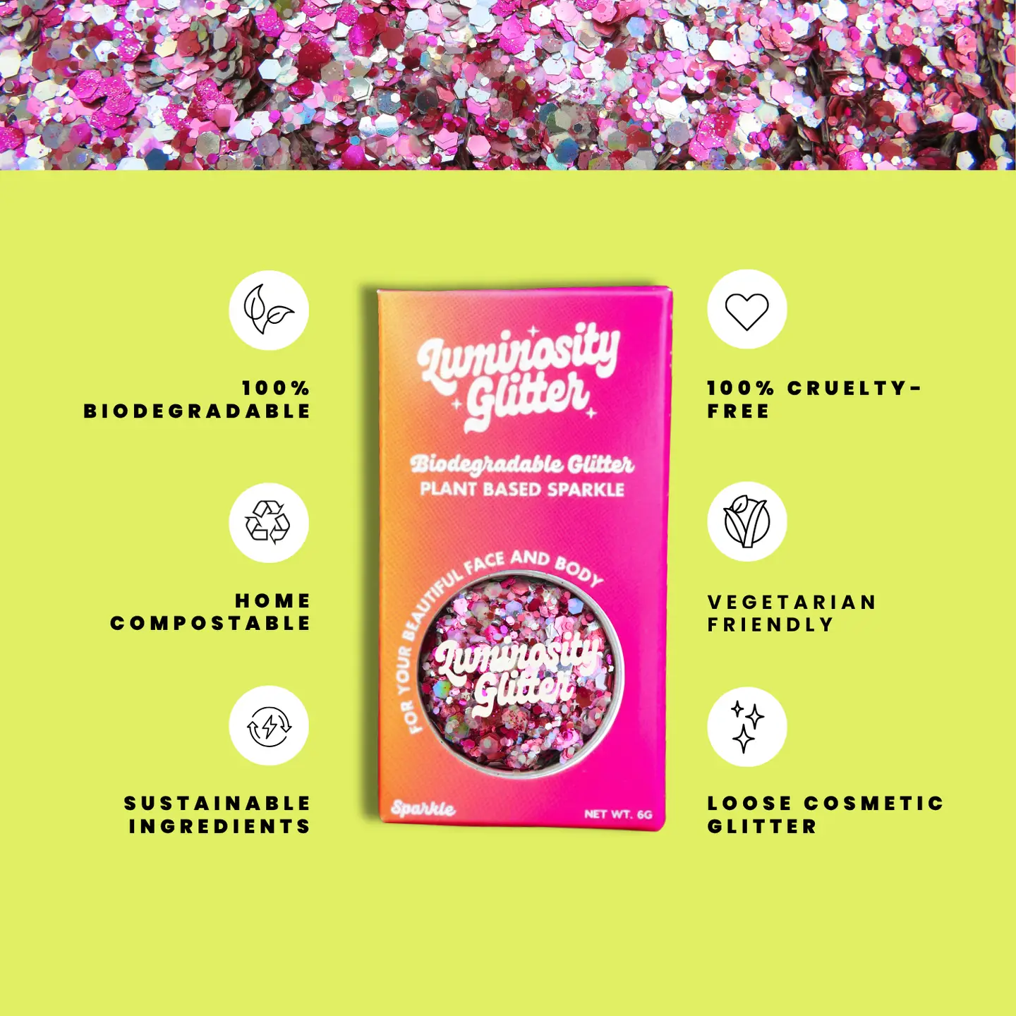 Luminosity Glitter packaging with sustainability features on a green background