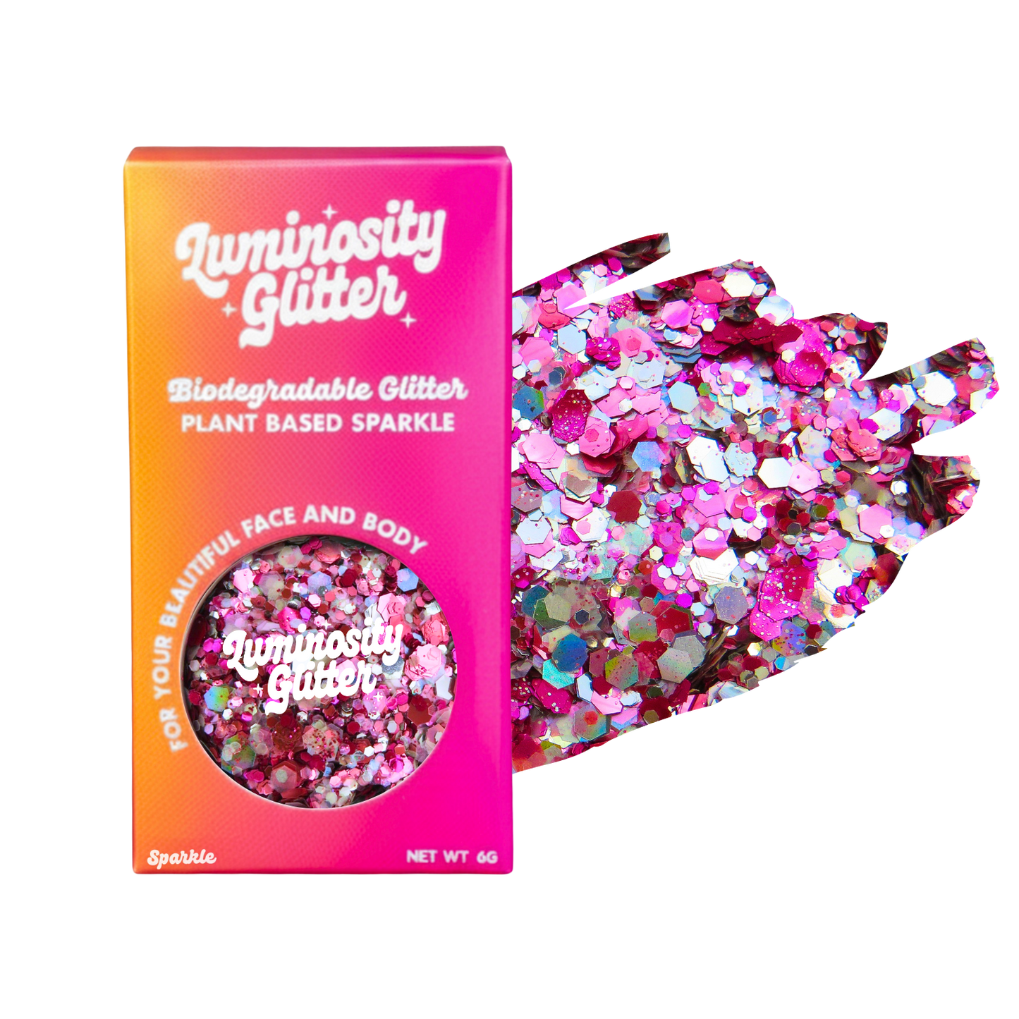 Luminosity Glitter packaging with biodegradable and plant-based glitter on a white background