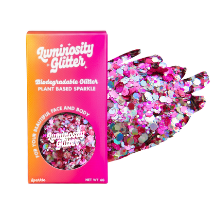 Luminosity Glitter packaging with biodegradable and plant-based glitter on a white background